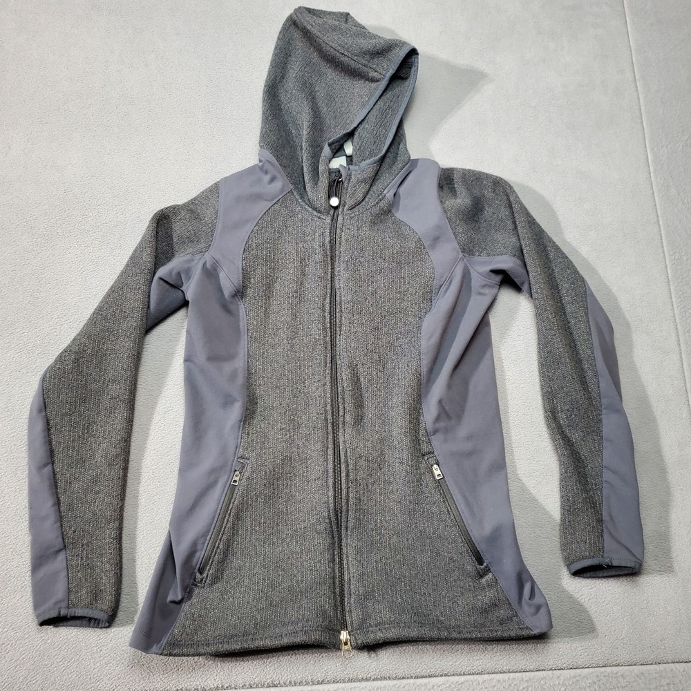 Athleta Jacket Womens Medium Gray Stretch Full Zip Hood Outdoor Thumbholes